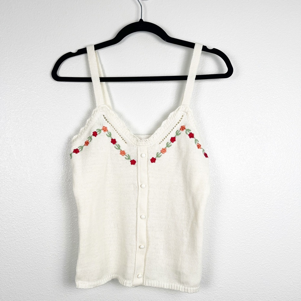 LC Lauren Conrad Cream Knit Tank Top‎ Floral Embroidered V-Neck XS